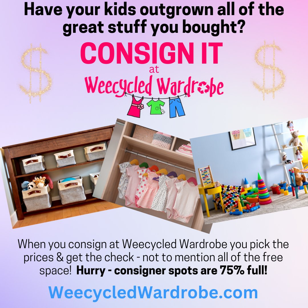 MacKidFXBG's tweet photo. PSST - I have the secret to clearing out the outgrown toys and clothing, freeing up space, AND making money. Consign at Weecycled Wardrobe! Find out everything you need to know at https://t.co/4B3cfRFJRn. Act quickly because 75% off the consigner spots are full! https://t.co/5alhGUTjjZ