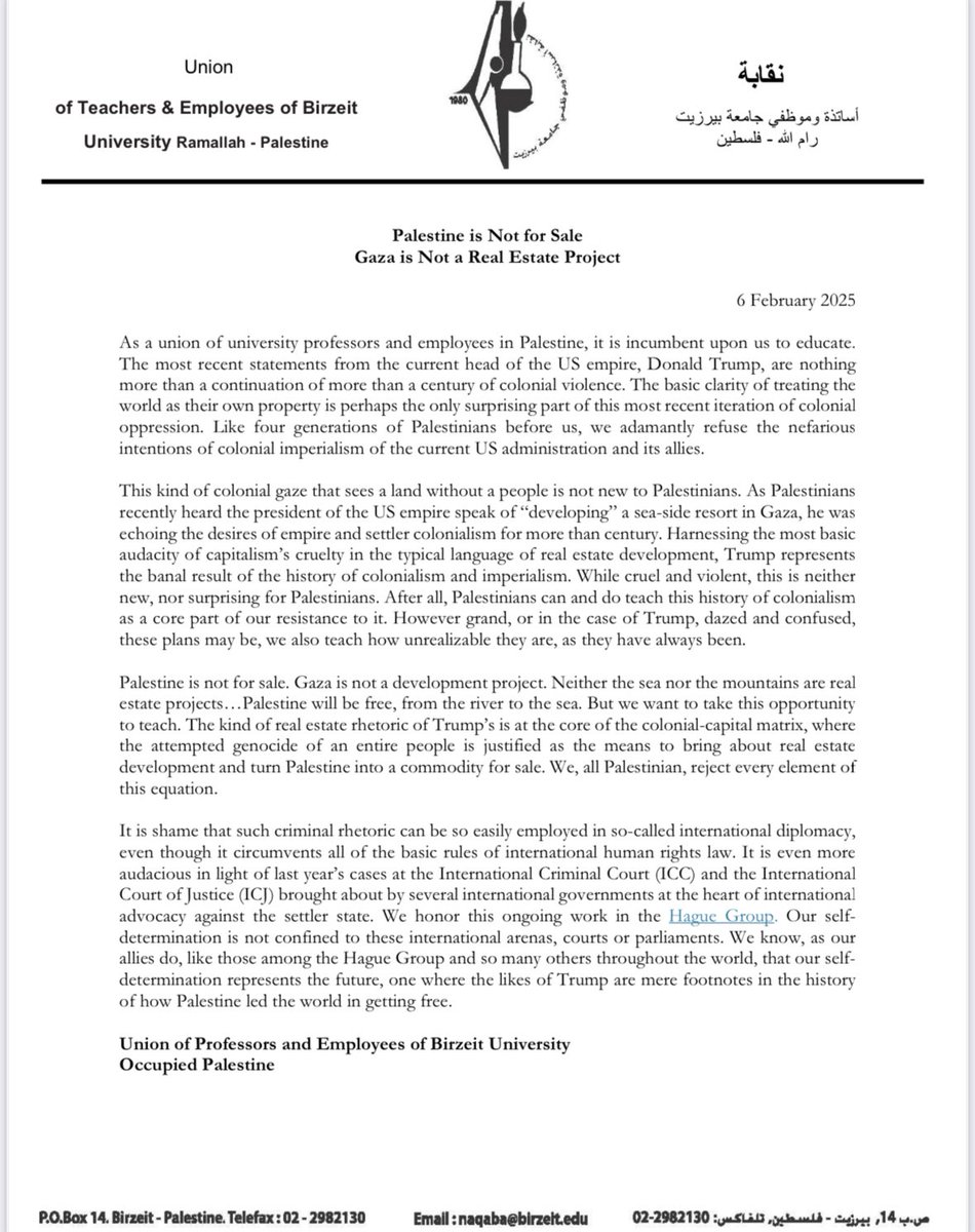 Political and intellectual elite seem to easily forget that Palestine is grounded with Palestinians. Let them lead us in conversation rather than continuously talking about them like objects. Statement from Birzeit University Faculty &amp; Employees 

#Gaza #Nakba #Genocide