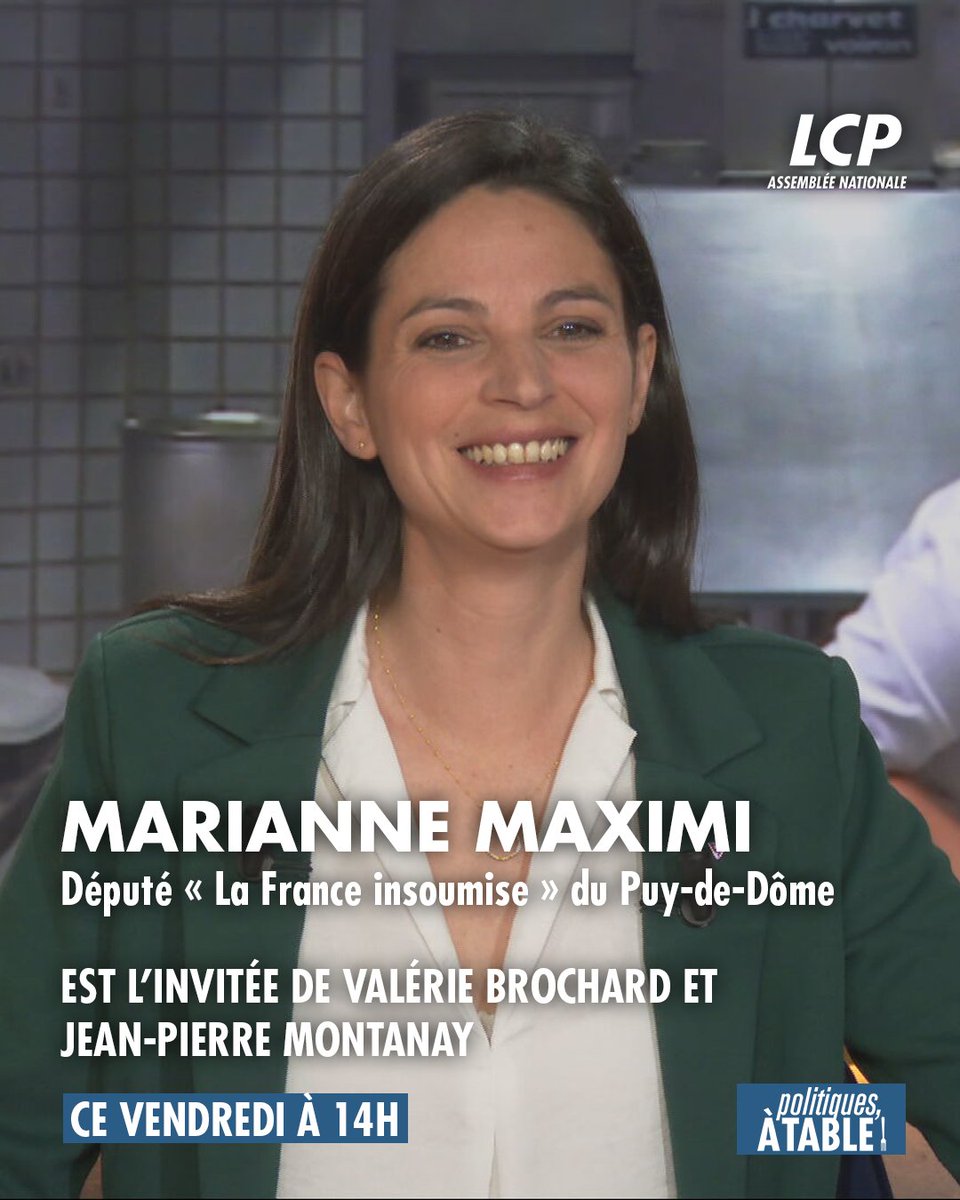 LCP (@lcp) on Twitter photo 🍽️À 14h dans #PolàTable, <a href="/Val_Brochard/">Valérie Brochard</a> & <a href="/JPmontanay/">Jean-Pierre Montanay</a> reçoivent :
🔹<a href="/MarianneMaximi/">Marianne Maximi</a>, députée LFI du Puy-de-Dôme
📺#canal13 🍽️À 14h dans #PolàTable, <a href="/Val_Brochard/">Valérie Brochard</a> & <a href="/JPmontanay/">Jean-Pierre Montanay</a> reçoivent :
🔹<a href="/MarianneMaximi/">Marianne Maximi</a>, députée LFI du Puy-de-Dôme
📺#canal13