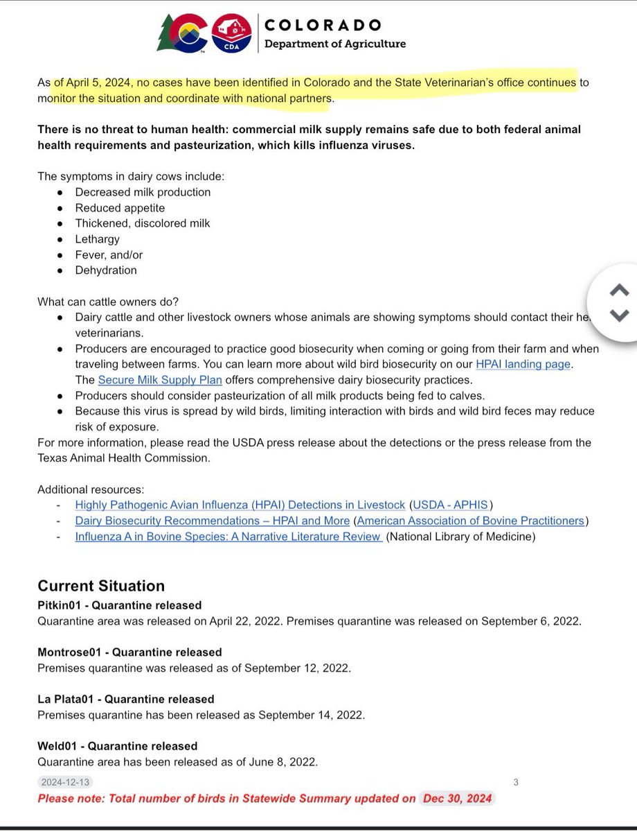 CCSDMaskUp's tweet image. Over 6 months after 100s of Colorado agricultural workers were exposed to &amp;amp; treated for exposure to #HPAI #H5N1 #Birdflu, &amp;amp; the state became the site of the worst known outbreak in humans, 

@coagriculture1 continues to publish outdated information about human health risk
