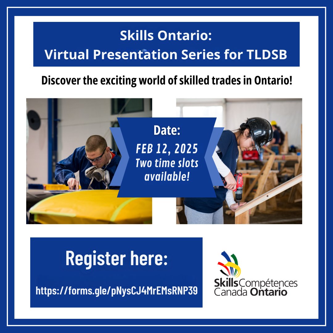 Hey <a href="/TLDSB/">TLDSB</a> elementary schools! 📢 Ready to inspire your students? Join our Virtual <a href="/skillsontario/">Skills Ontario</a> Presentation on Feb 12! 🛠️✨
Discover the exciting world of skilled trades &amp; tech, career pathways, &amp; future opportunities.

Register now: forms.gle/pNysCJ4MrEMsRN…