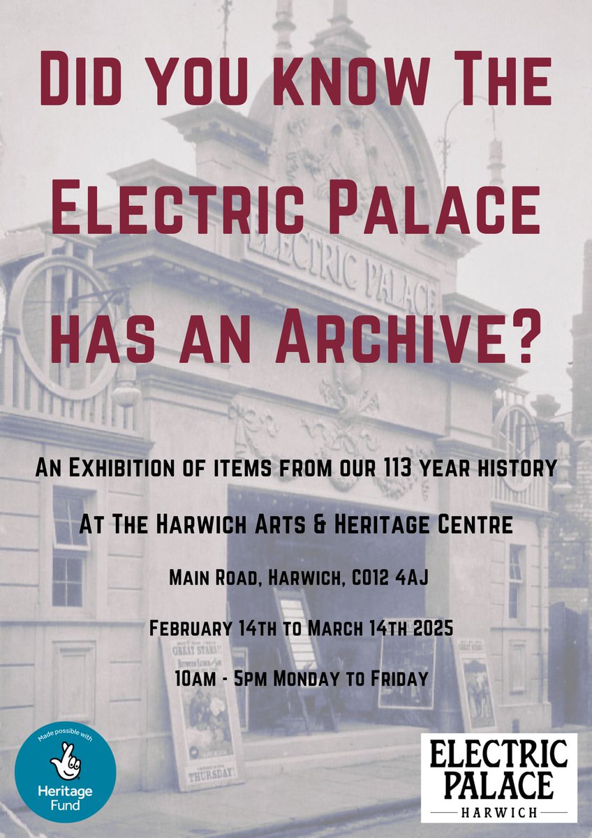 🎞️ A good one for town history buffs - exhibition on the <a href="/HarwichEP/">The Electric Palace - Harwich</a>'s rich history begins tomorrow at <a href="/TheHAHC/">Harwich Arts and Heritage Centre</a>.