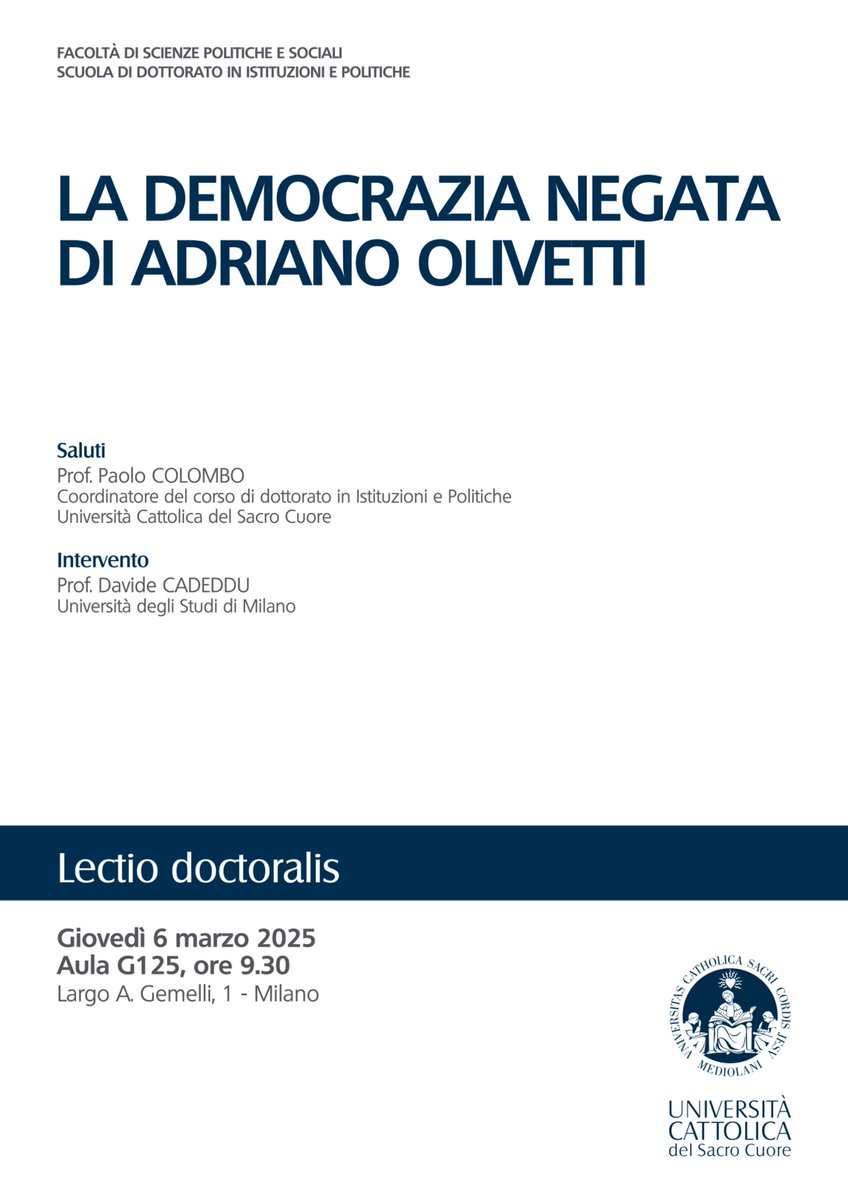 "La democrazia negata di #AdrianoOlivetti", lectio doctoralis all'Università Cattolica del Sacro Cuore <a href="/Unicatt/">Università Cattolica</a> , giovedì 6 marzo 2025, ore 9.30 | <a href="/bibliostoria/">Bibliostoria</a> <a href="/bibliofilosofia/">Biblioteca Filosofia Unimi</a> <a href="/Fond_A_Olivetti/">Fondazione Adriano Olivetti</a>  <a href="/ArchOlivetti/">Archivio Storico Olivetti</a> <a href="/maxmuseo/">m.a.x. museo</a>