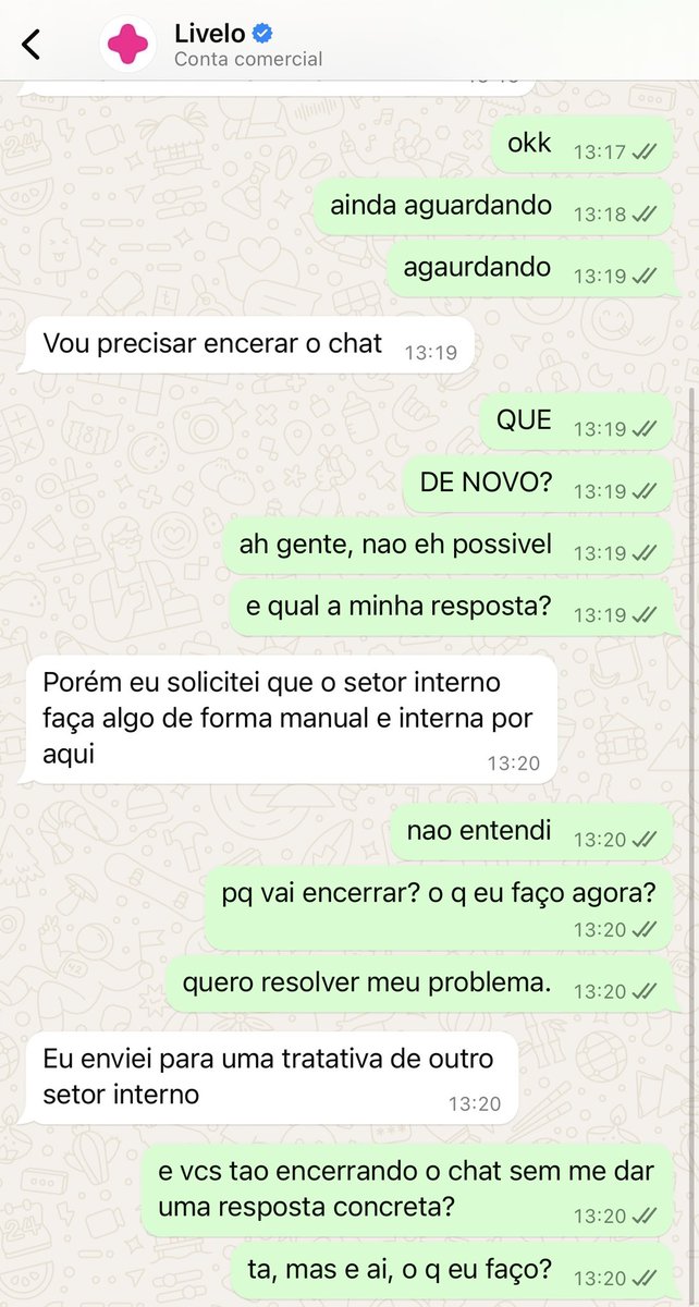 Deixar registrado minha insatisfação com o clube livelo  <a href="/FaleComLivelo/">Livelo</a>.
Tentei comprar um cartão presente e eles cancelaram 3x. Ai fui pro chat, q caiu uma vez, fiquei 40m esperando e a cada minuto mandando msg pq senao o chat cai pra ISSO 🤡