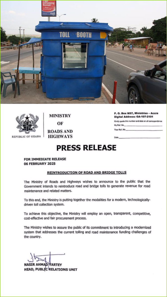The Ministry of Roads and Highways has announced the reintroduction of tolls on roads and bridges to help generate revenue for maintenance and other related projects.