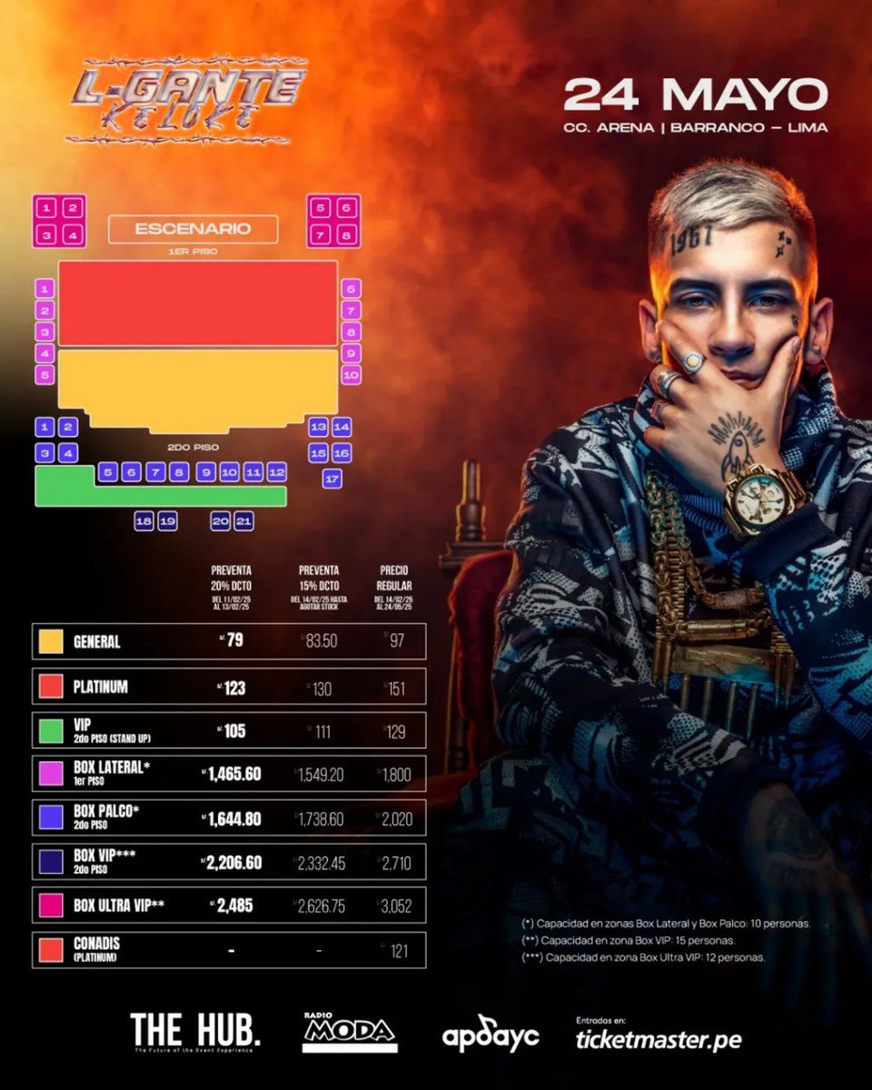 conciertosperu's tweet image. Oficial: ¡L-Gante llega a Lima con su show "Keloke"! 🔥🎤
📅 24 de mayo
📍 CC. Arena - Barranco
🎟️ Preventa disponible con descuentos. Entradas desde S/ 97 en Ticketmaster.

#LaMúsicaNosUne #LGante