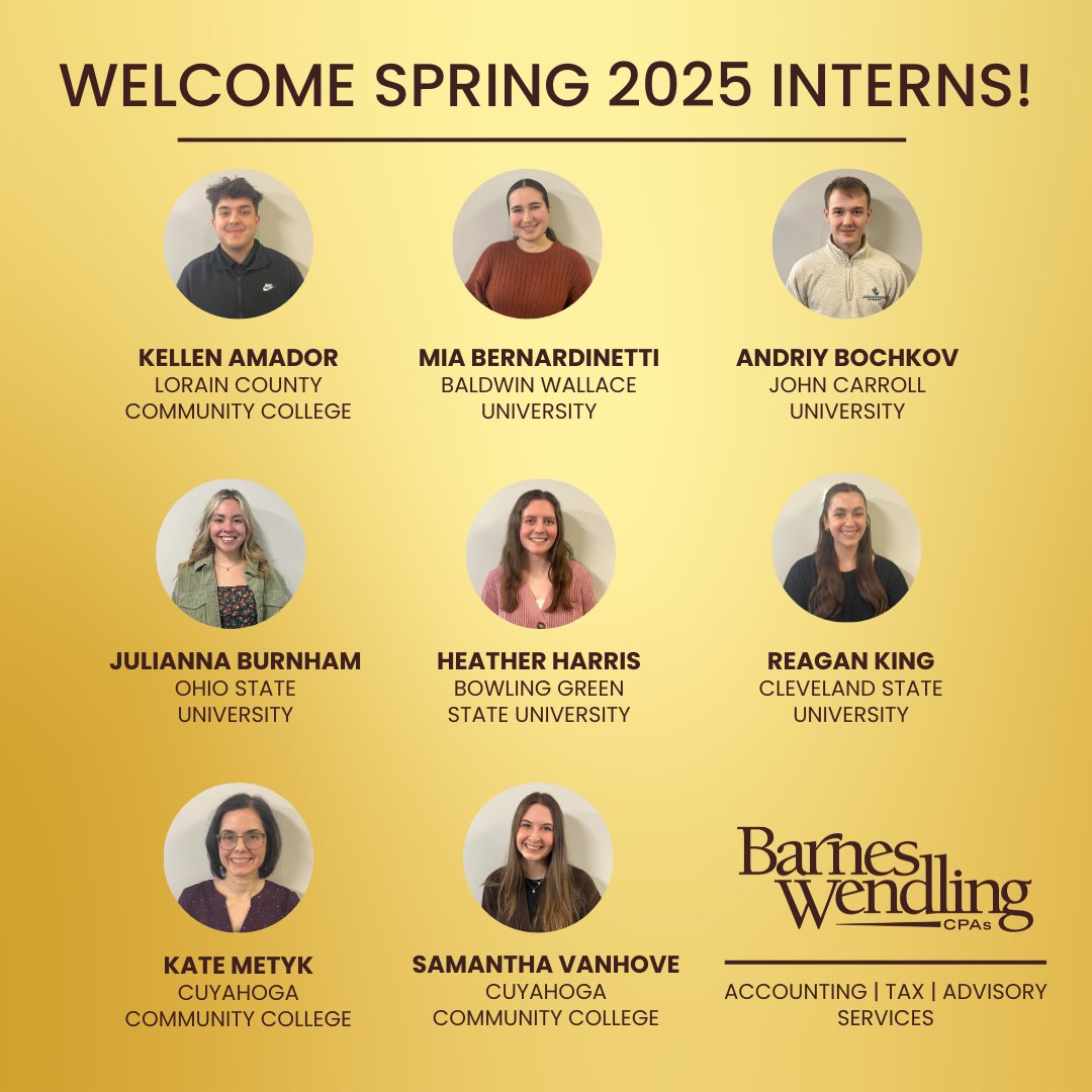 BarnesWendling's tweet image. 👏 Please join us in welcoming our Spring 2025 interns! We look forward to providing this talented team with a rewarding and educational experience at Barnes Wendling CPAs.

#BarnesWendling #BWInterns #SpringInternship