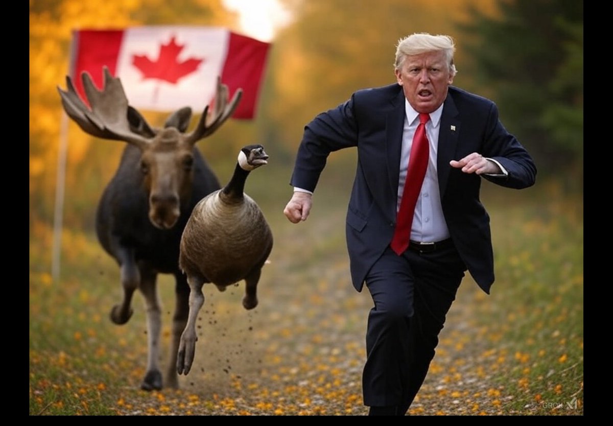 He better run far, far away from Canada! This Canadian goose and moose 🫎 aren’t to friendly to convicted felons! 🤭 image by grok and ai