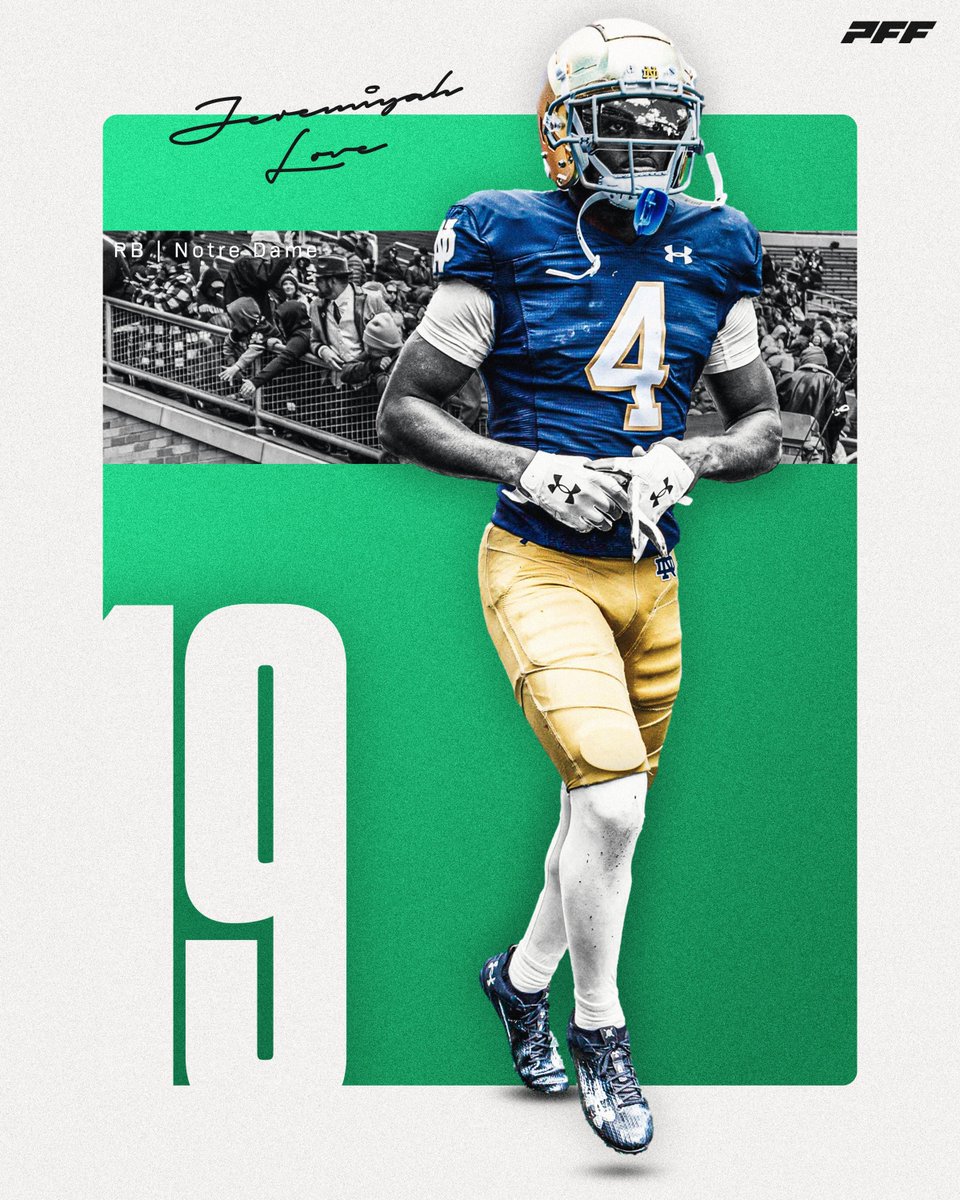 Top 101 College Football Players from the 2024 Season:

#19: Jeremiyah Love, Notre Dame

☘️ 91.0 PFF Grade (3rd Among RBs)