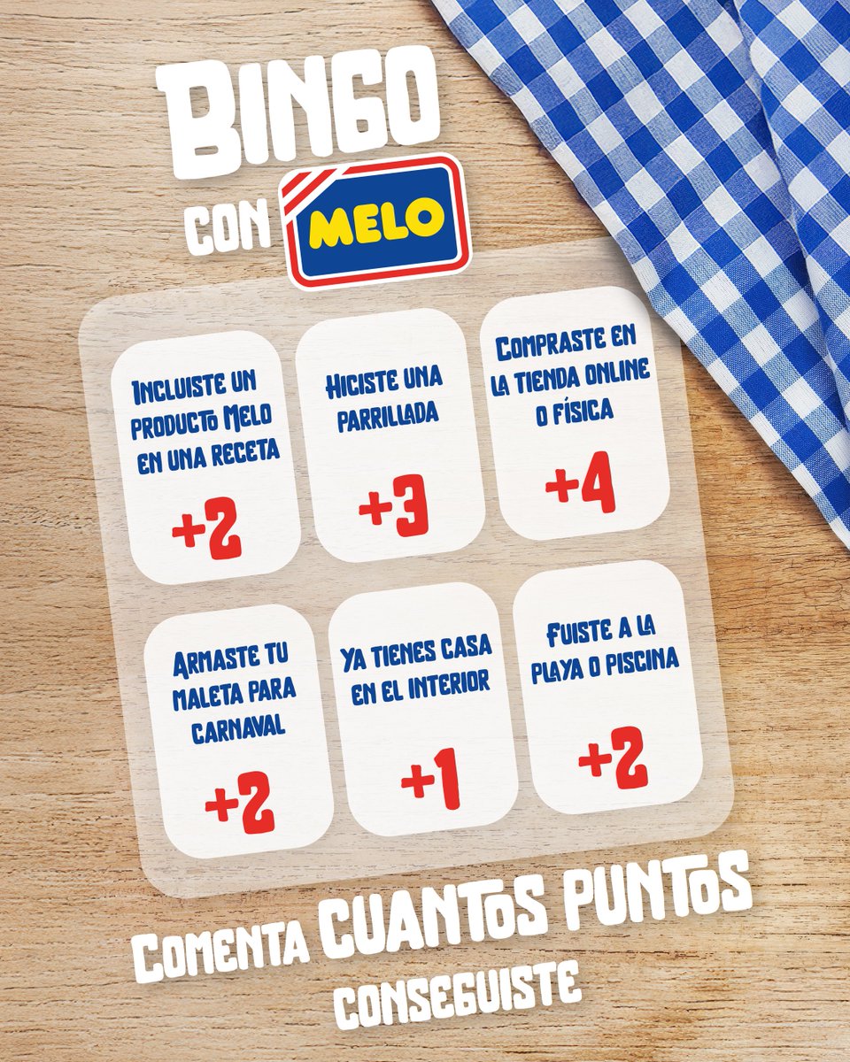 ¡Es hora de jugar al Bingo de Melo! 🎉 ¿Cuántos puntos tienes hasta ahora? 🤩

Cuéntanos en los comentarios 👇👇

#AlimentosMelo #verano #FullVeranoDeSabor
#sol #diversión
