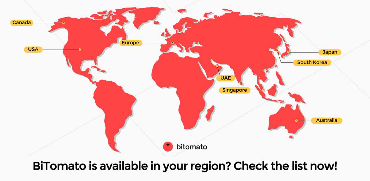 Bitomato__'s tweet image. 🌍 Where can you use Bi Tomato?

Bi Tomato is available in most regions worldwide! However, some countries have restrictions. Want to know if Bi Tomato operates in your region? Find out here: bitomato.zendesk.com

Need more details? Visit our Help Center! 💡

#BiTomato…