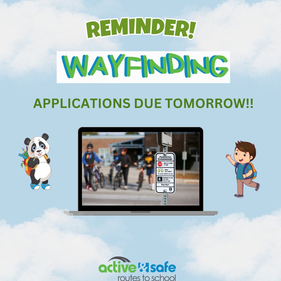 REMINDER !!!

📷 Applications close Friday, February 7th at 5 pm!
📷 Learn more about the Wayfinding Signs Program and apply today: activesaferoutes.ca/wayfinding/
#ActiveSafeRoutes #Wayfinding #ActiveSchoolTravel #StayHealthy #StaySafe