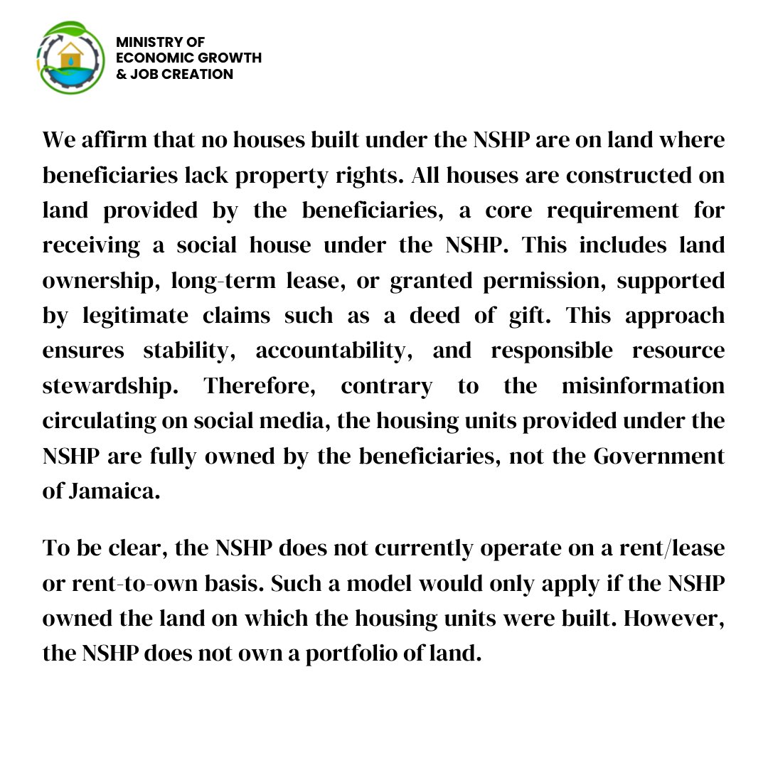 megid_jm's tweet image. MEGJC Reaffirms: NSHP Beneficiaries Own Their Homes 🏡✅

The Ministry of Economic Growth and Job Creation (MEGJC) strongly rejects false claims circulating on social media.

#NSHP #HousingForAll #MEGJC #BuildingJamaica