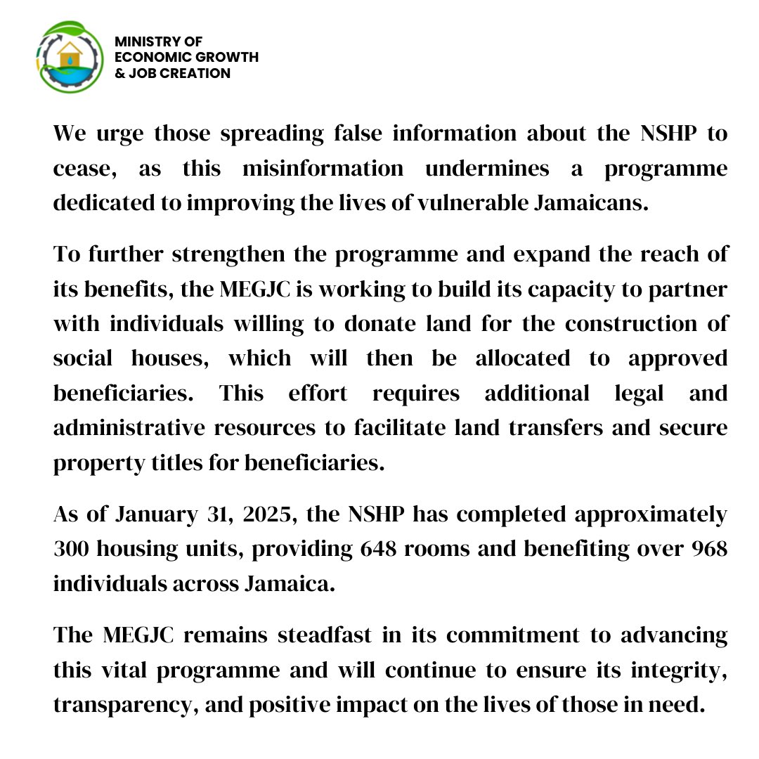 megid_jm's tweet image. MEGJC Reaffirms: NSHP Beneficiaries Own Their Homes 🏡✅

The Ministry of Economic Growth and Job Creation (MEGJC) strongly rejects false claims circulating on social media.

#NSHP #HousingForAll #MEGJC #BuildingJamaica