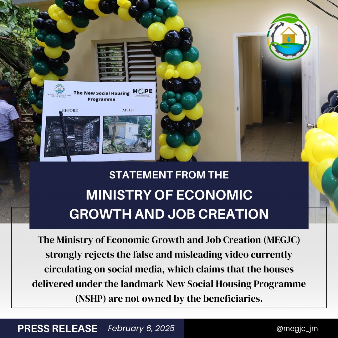 megid_jm's tweet image. MEGJC Reaffirms: NSHP Beneficiaries Own Their Homes 🏡✅

The Ministry of Economic Growth and Job Creation (MEGJC) strongly rejects false claims circulating on social media.

#NSHP #HousingForAll #MEGJC #BuildingJamaica