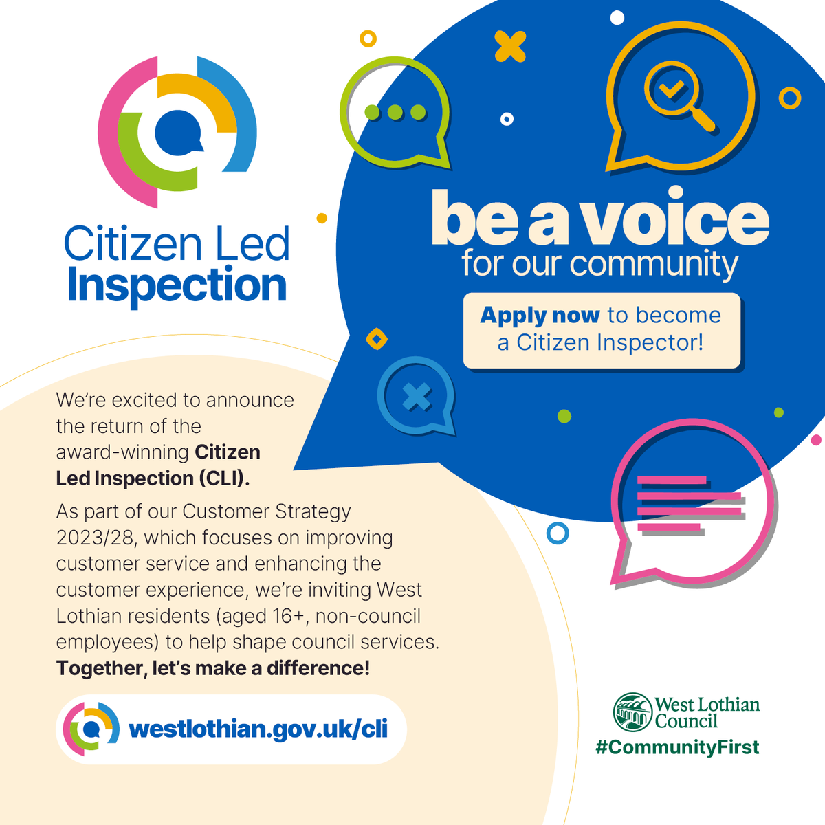 Local residents who can provide constructive and valuable insights into how the council could improve future services are wanted.
To  join our Citizen Led Inspection programme, please visit westlothian.gov.uk/cli