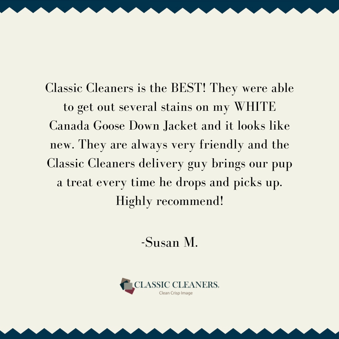 CleanCrispImage's tweet image. Thank you, Susan! We're so glad we could rescue your white Canada Goose jacket—those stains didn’t stand a chance! 🧼🐾 And of course, our delivery team knows how to make furry friends smile too. 🐶 #ClassicCleaners #CustomerLove #CleanAndKind