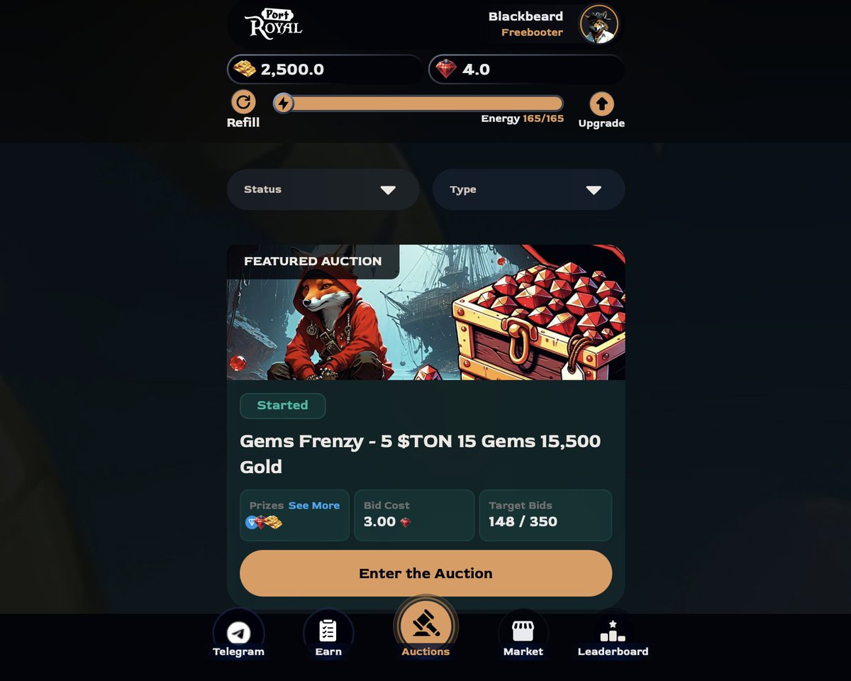 Pirates are winning every day on Port Royal: t.me/portroyalgameb…

💎 Daily leaderboard rewards : 15 $TON &amp; 75 gems &amp; 80.000 gold 
🥇Daily auctions prizes: up to 30 $TON + gems + gold

Join the pirates club &amp; earn your loot!