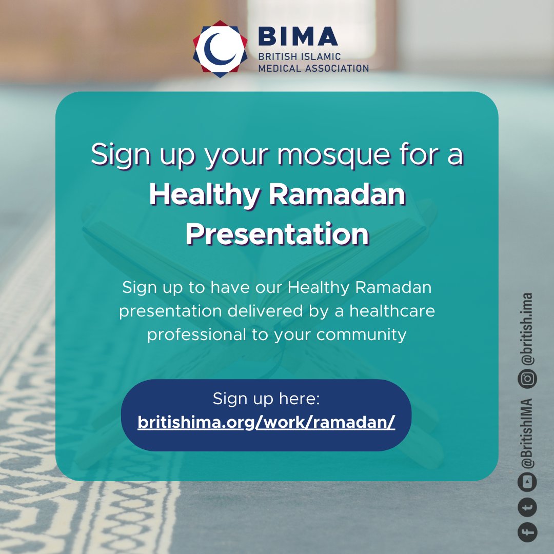 ✨ Bring our Healthy Ramadan presentation to your mosque! ✨

Empower your community with essential knowledge to prepare for the blessed month of Ramadan. Let's work together to support the ummah in the blessed month.

📍 Sign up your mosque now: eu1.hubs.ly/H0gqPfZ0