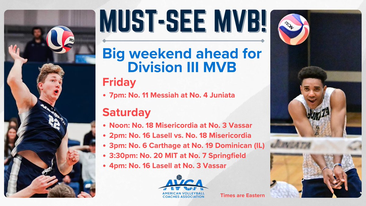AVCAVolleyball's tweet image. Get ready for another weekend of marquee Division III MVB match ups!
We’ve got a six-pack of top-20 matches coming up Friday and Saturday.
avca.org/news-events/vo…
#WeAreAVCA #NCAAMVB