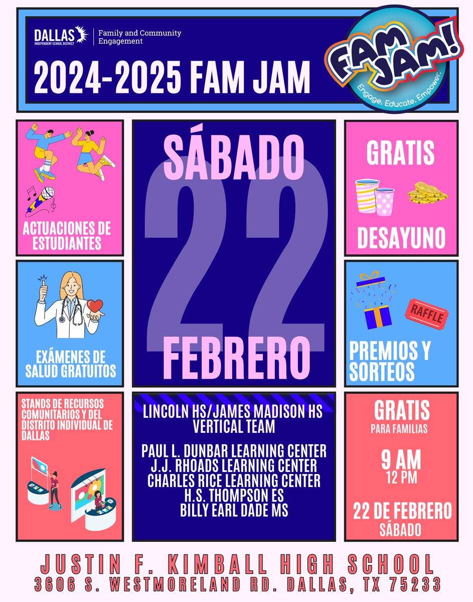We are just TWO WEEKS AWAY from Fam Jam—and we’re so excited to see you there! Join us on Saturday, February
22nd, from 9:00 AM to 12:00 PM at Justin F. Kimball High School for a day full of FREE resources and activities for
your whole family:
✅ Free Health Screenings
✅