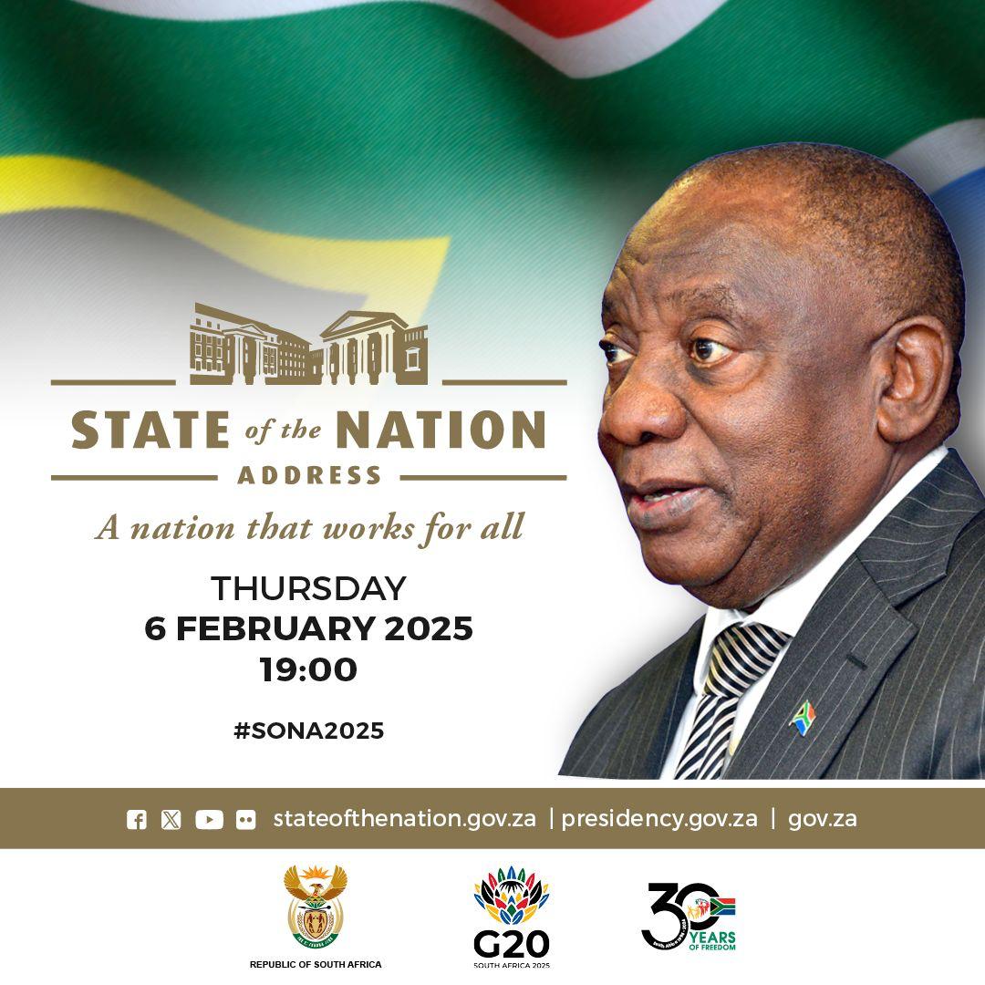 In just a few minutes, President Cyril Ramaphosa will deliver the State of the Nation Address (SoNA), outlining government’s key policy objectives and deliverables for 2025, to ensure that South Africa is a "nation that works for all". #SONA2025 

WATCH: youtube.com/watch?v=DO477e…