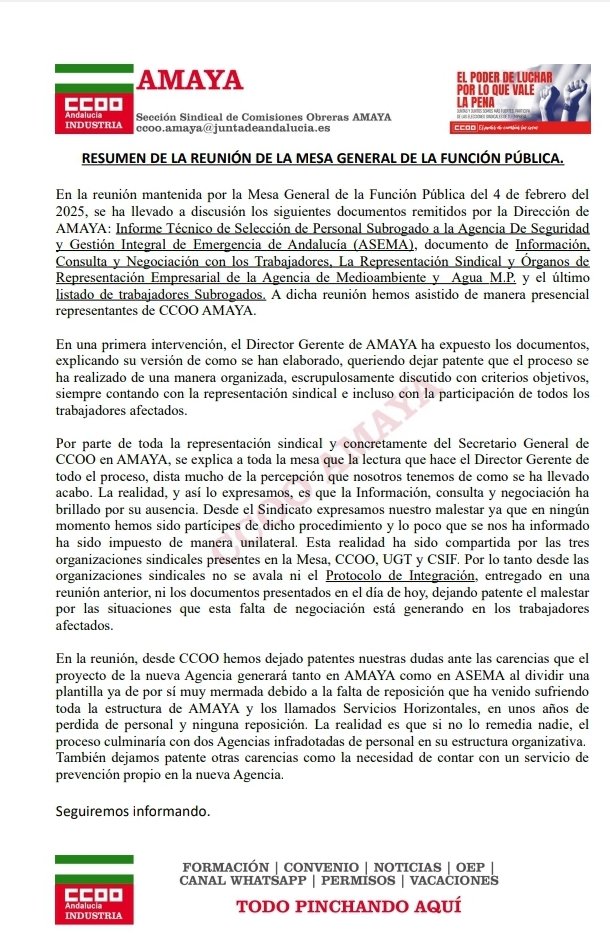 CCOO AMAYA (@ccooamaya) on Twitter photo Resumen de la última reunión de la mesa de la función pública en la que se trató sobre la subrogación del personal de <a href="/AndaluciaAMAyA/">AMAyA</a> <a href="/Plan_INFOCA/">EMA INFOCA</a> . Imponer no es negociar, no nos tengan por estúpidos... basta de mentiras <a href="/antoniosanz/">Antonio Sanz Cabello</a> <a href="/JuanMa_Moreno/">Juanma Moreno</a> Resumen de la última reunión de la mesa de la función pública en la que se trató sobre la subrogación del personal de <a href="/AndaluciaAMAyA/">AMAyA</a> <a href="/Plan_INFOCA/">EMA INFOCA</a> . Imponer no es negociar, no nos tengan por estúpidos... basta de mentiras <a href="/antoniosanz/">Antonio Sanz Cabello</a> <a href="/JuanMa_Moreno/">Juanma Moreno</a>