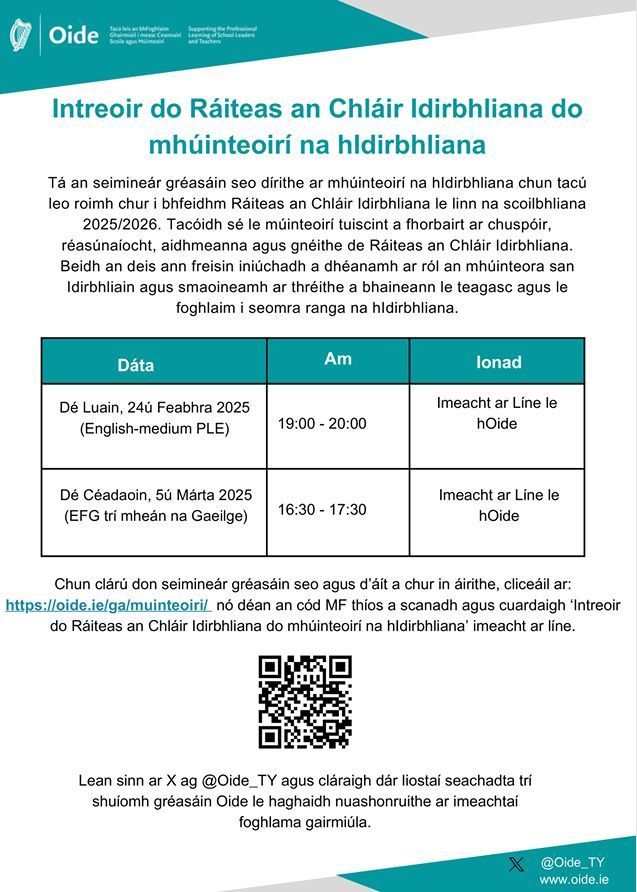 Oide Transition Year (@oide_ty) on Twitter photo Seimineár gréasáin: Intreoir do RCIB do mhúinteoirí na hIB. 24.02.25 (19:00-20:00: English-medium PLE). 05.03.25 (16:30 – 17:30: EFG trí mheán na Gaeilge). Chun clárú, cliceáil ar an nasc: buff.ly/407TDAw
<a href="/Oide_PP_Gaeilge/">Oide Iar-bhunscoileanna</a> Seimineár gréasáin: Intreoir do RCIB do mhúinteoirí na hIB. 24.02.25 (19:00-20:00: English-medium PLE). 05.03.25 (16:30 – 17:30: EFG trí mheán na Gaeilge). Chun clárú, cliceáil ar an nasc: buff.ly/407TDAw
<a href="/Oide_PP_Gaeilge/">Oide Iar-bhunscoileanna</a>