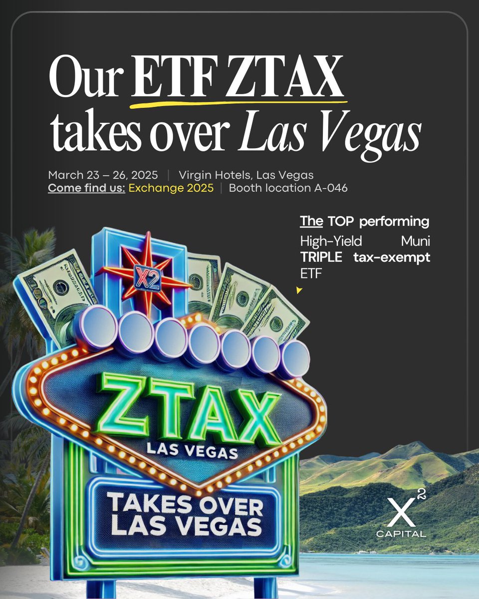 ZTAXetf's tweet photo. Las Vegas, here we come!🎰

We’re thrilled to announce that ZTAX, one of the TOP-performing High-Yield Muni TRIPLE tax-exempt ETFs, is taking over Las Vegas at Exchange 2025, the largest ETF conference in the U.S.🚀

This isn’t just an ETF—it’s a game-changer for investing, designed for investors seeking high returns with maximum tax efficiency.🔥

A huge shoutout to our expert team, whose dedication and vision have brought ZTAX from Puerto Rico to the world’s biggest financial stage.

📍 Virgin Hotels, Las Vegas
📅 March 23 – 26, 2025
🎟 Find us at Booth A-046
🌎 ZTAX: Investing with vision, impacting with strategy.

👉 After months of hard work, we’re ready to showcase what we’ve built. Grateful to Exchange & @vettafi for this opportunity!
#ZTAX #Exchange2025 #xsquarecapital #etfinvestinghas