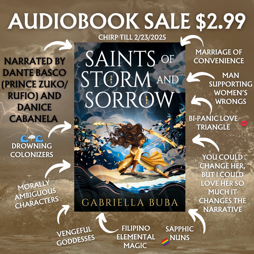 GabriellaBuba's tweet photo. Audiobook Sale for Saints of Storm and Sorrow only $2.99 on Chirp!  Saints is a 🇵🇭 mythology inspired Avatar the Last Airbender except the Avatar is not a Pacifist

FilAm Actor @DanteBasco (Prince Zuko/Rufio) in his 1st audiobook role, and @DaniceCabanela

https://t.co/5IWegwYCxv https://t.co/IrUQ8Brltl