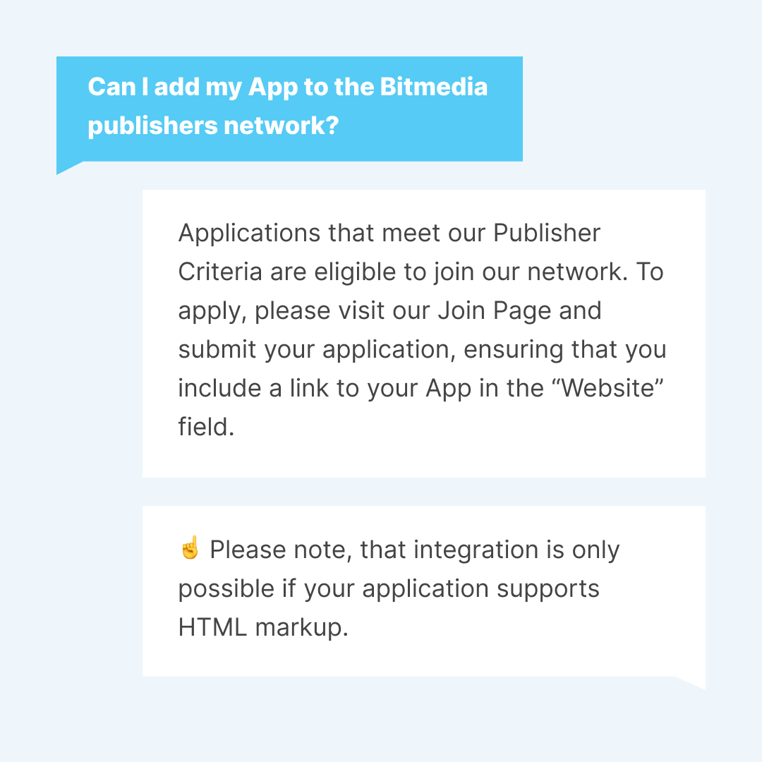 bitmedia_io's tweet photo. 💬 #Bitmedia: Questions & Answers

Got questions? We’ve got the answers 🔍

Swipe through to learn:
🔵 Iframe & website builder compatibility
🔵 Pageviews vs. impressions explained
🔵 How to add your app to the Bitmedia network

#CryptoAdvertising #CryptoAdNetwork #AdvertisingNetwork