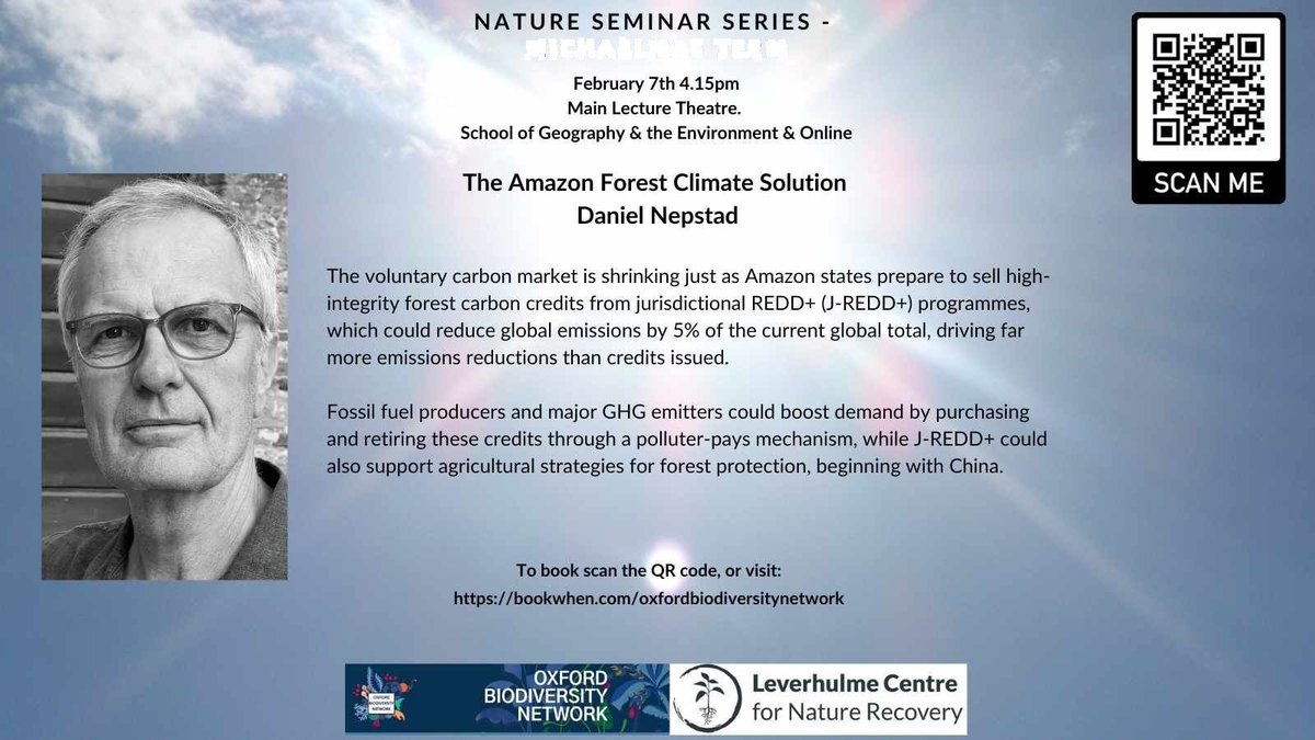 Biodiversity Network At The University of Oxford (@biodivoxford) on Twitter photo Still seats for tomorrow's #nature seminar @dannepstad.bsky.social will be tackling the challenges of voluntary carbon markets for funding nature-based climate solutions. Online /in-person. <a href="/ecioxford/">ECI, Univ of Oxford</a>.bsky.social Register your place here: buff.ly/4hMTLLp Still seats for tomorrow's #nature seminar @dannepstad.bsky.social will be tackling the challenges of voluntary carbon markets for funding nature-based climate solutions. Online /in-person. <a href="/ecioxford/">ECI, Univ of Oxford</a>.bsky.social Register your place here: buff.ly/4hMTLLp