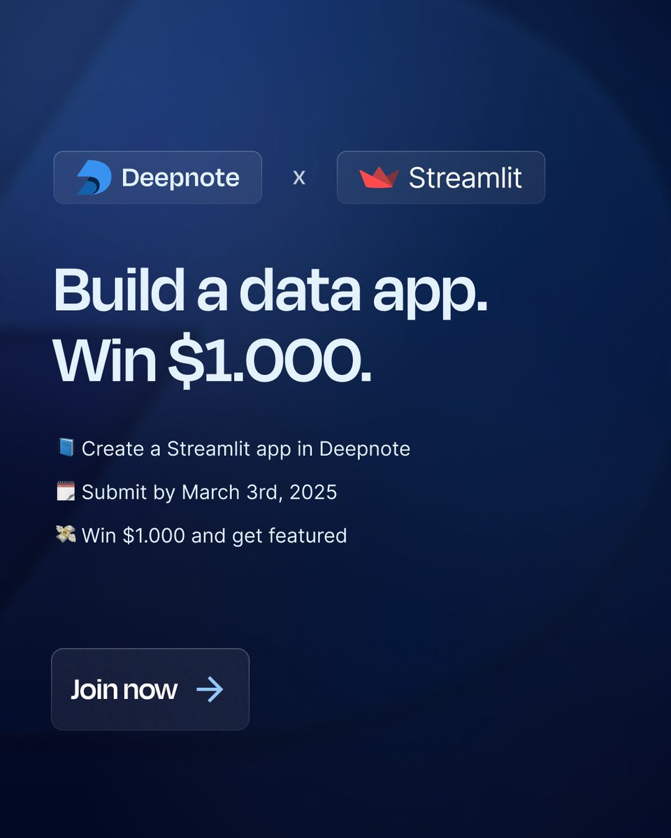 Build something amazing and win big. 

Deepnote x <a href="/streamlit/">Streamlit</a> data app challenge is here, and we’re giving away $1,000 + swag + free year of Deepnote to the best app!

How to win:
1️⃣ Build a Streamlit data app in Deepnote
2️⃣ Post it on LinkedIn with #StreamWithDeepnote
3️⃣ Judges