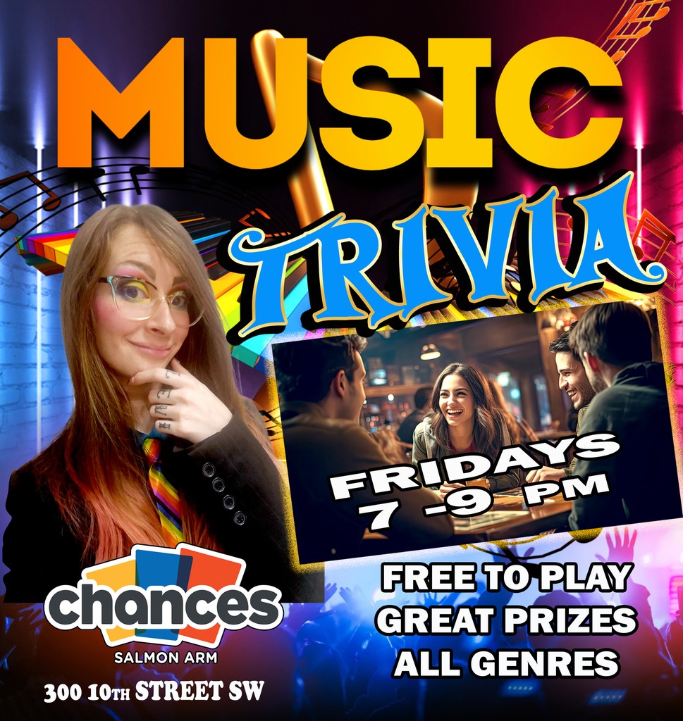 SA_Chances's tweet photo. Are you ready for MUSIC TRIVIA NIGHT? 🙌 Visit Chances Salmon Arm on Friday for some fun! ⁠
⁠
🥳 Friday at 7 PM ⁠
🥳 Participate for a chance to win big prizes! ⁠
⁠
#Trivia #ChancesSalmonArm #Casino https://t.co/aGuq3EShQ7