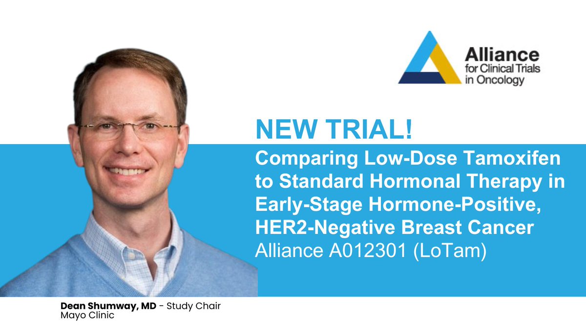 Alliance for Clinical Trials in Oncology (@alliance_org) on Twitter photo New Trial Alert! <a href="/dshumway/">Dean Shumway</a> <a href="/MayoClinic/">Mayo Clinic</a> leads Alliance A012301 (LoTam) to compare the effect of low dose tamoxifen to usual hormonal therapy in treating post-menopausal women with hormone positive, HER2 negative early-stage #breastcancer: bit.ly/Alliance-A0123… #NCI #NCTN #BCsm New Trial Alert! <a href="/dshumway/">Dean Shumway</a> <a href="/MayoClinic/">Mayo Clinic</a> leads Alliance A012301 (LoTam) to compare the effect of low dose tamoxifen to usual hormonal therapy in treating post-menopausal women with hormone positive, HER2 negative early-stage #breastcancer: bit.ly/Alliance-A0123… #NCI #NCTN #BCsm