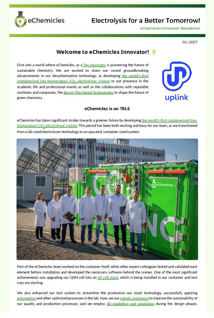 eChemicles (@echemicles) on Twitter photo Stay updated with <a href="/eChemicles/">eChemicles</a>! Do you know what the “s” in eChemicles stands for? Or how the world’s first containerised low-temperature CO₂ electrolyser system looks?
The new eChemicles Innovator newsletter provides all the necessary information about our latest innovations, Stay updated with <a href="/eChemicles/">eChemicles</a>! Do you know what the “s” in eChemicles stands for? Or how the world’s first containerised low-temperature CO₂ electrolyser system looks?
The new eChemicles Innovator newsletter provides all the necessary information about our latest innovations,