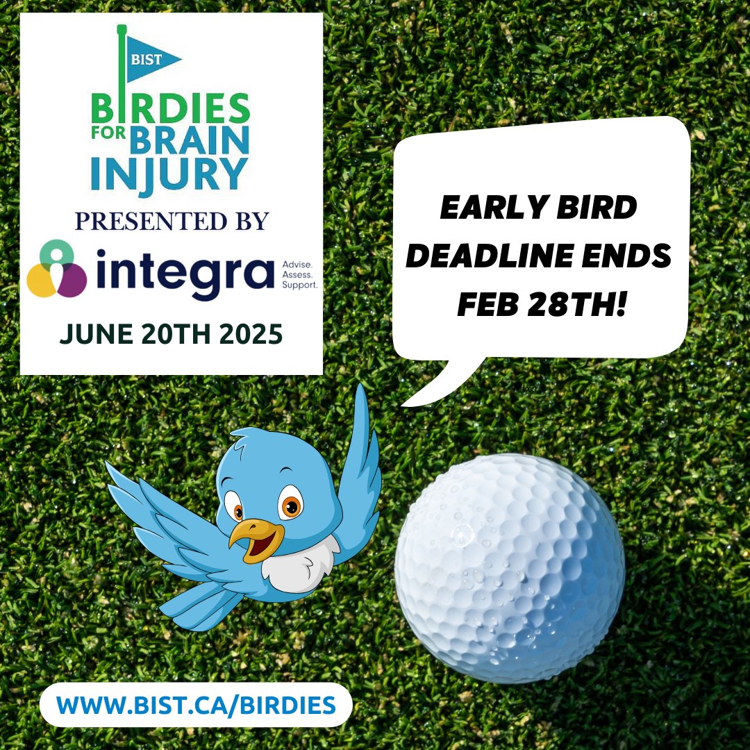 Golfers! 
Support our LOW BARRIER services for people living with effects of Brain Injury at our Birdies for Brain Injury Golf Tournament happening June 20th, 2025. 

Grab GREAT Early Bird Deals before they run out on Feb 28th! 

bist.ca/BIRDIES