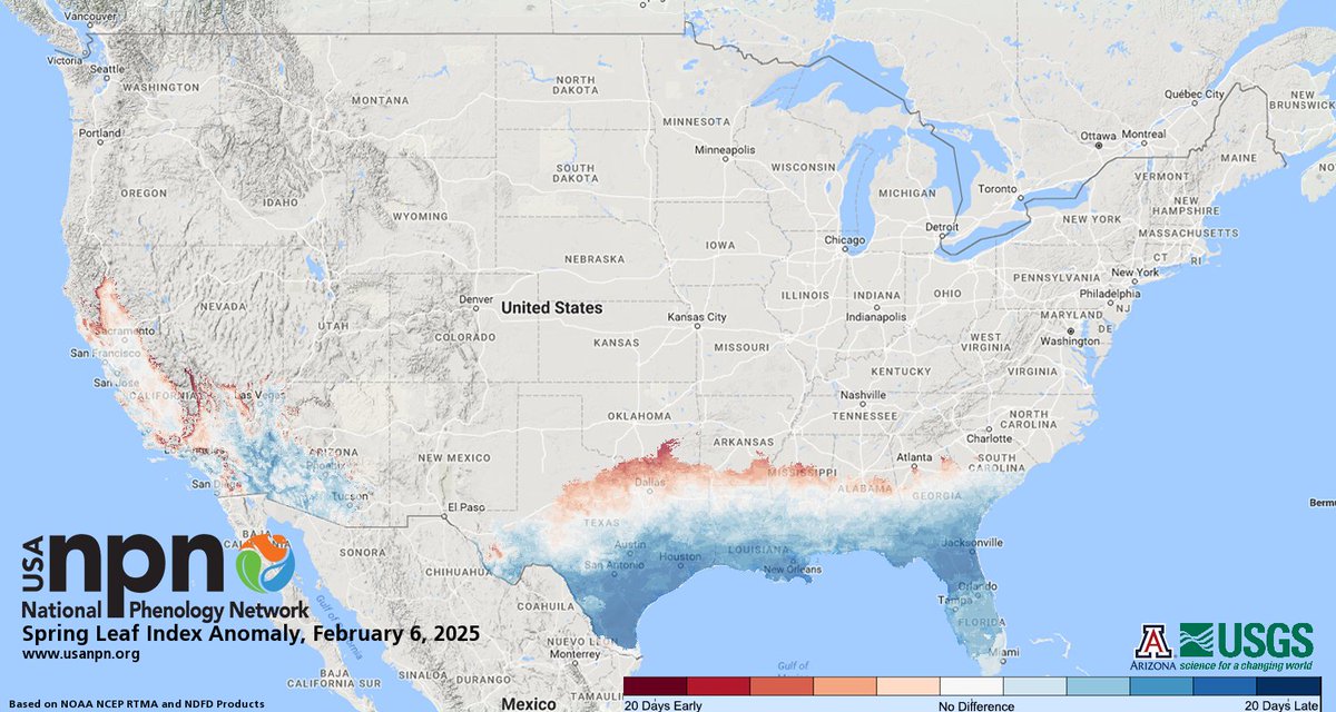 The Spring Leaf Index Anomaly has been released by our friends over at the National Phenology Network. As you can tell the leaves are starting to grow a bit later along the Gulf Coast.
