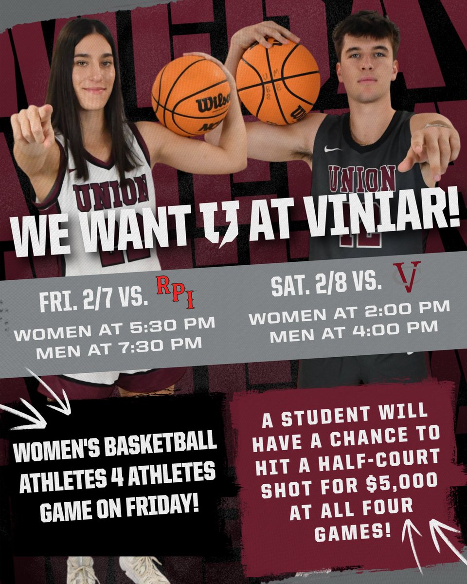 It’s a BIG weekend of basketball at Viniar and we want U there!

🏀 WBB Athletes for Athletes game on Friday at 5:30pm
🏀 A chance for a student to win $5000 with a half-court shot at all four games this weekend!

#GoU #d3hoops #UnionCollege #UnionAthletics