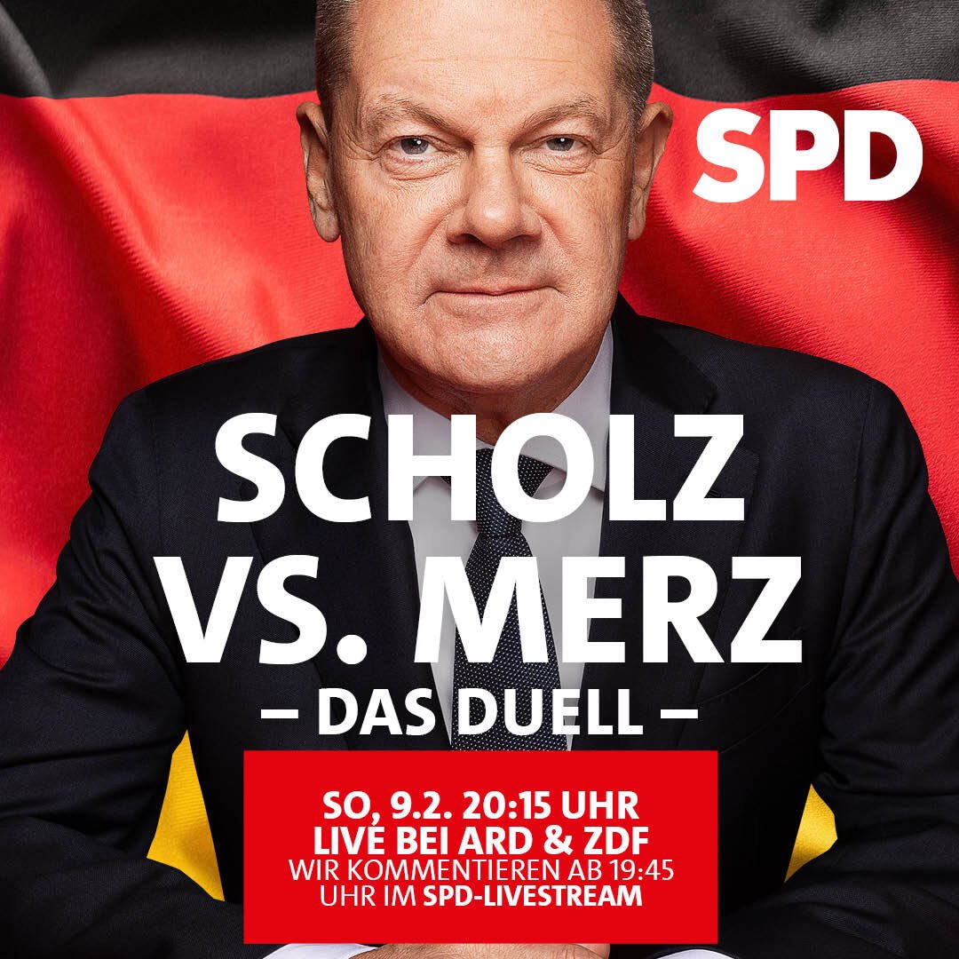 Am Sonntag ist es soweit: Olaf Scholz trifft auf Friedrich Merz. Die Spannung steigt und wir stehen fest an Olafs Seite. Schaltet ein, am 9. Februar, wenn wir gemeinsam das TV-Duell schauen und Olaf anfeuern. Im Anschluss gibt es eine kurze Einordnung des TV-Duells und wir