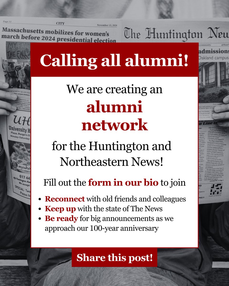 HuntNewsNU's tweet image. Huntington News and Northeastern News alumni: As we approach our 100-year anniversary, we want to hear from you! Join our growing alumni network by filling out our questionnaire (bit.ly/40MQR2d) and joining our alumni group on LinkedIn (linkedin.com/groups/1316044…).