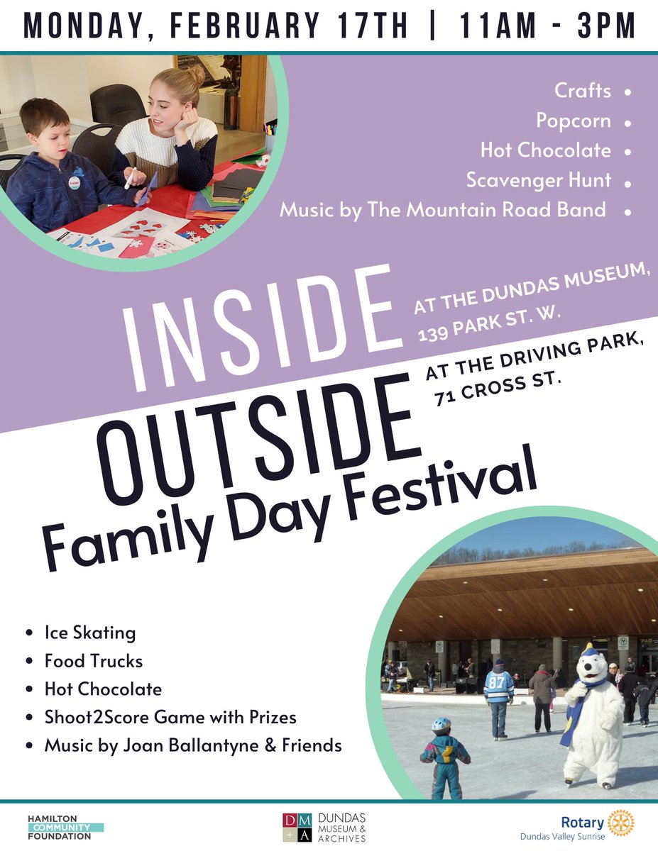 Dundas Museum (@dundasmuseum) on Twitter photo The Inside/Outside Family Day Festival returns on Mon, Feb 17 to the DM&A & the Dundas Driving Park (with <a href="/DVSRC2000/">DVS Rotary</a>)!
Visit the activities at both locations to be entered to win 1 of 3 prize packs!
With thanks to <a href="/HamCommFdn/">Hamilton Community Foundation</a> for their support.
#DundasON #DundasOnt #HamiltonON The Inside/Outside Family Day Festival returns on Mon, Feb 17 to the DM&A & the Dundas Driving Park (with <a href="/DVSRC2000/">DVS Rotary</a>)!
Visit the activities at both locations to be entered to win 1 of 3 prize packs!
With thanks to <a href="/HamCommFdn/">Hamilton Community Foundation</a> for their support.
#DundasON #DundasOnt #HamiltonON