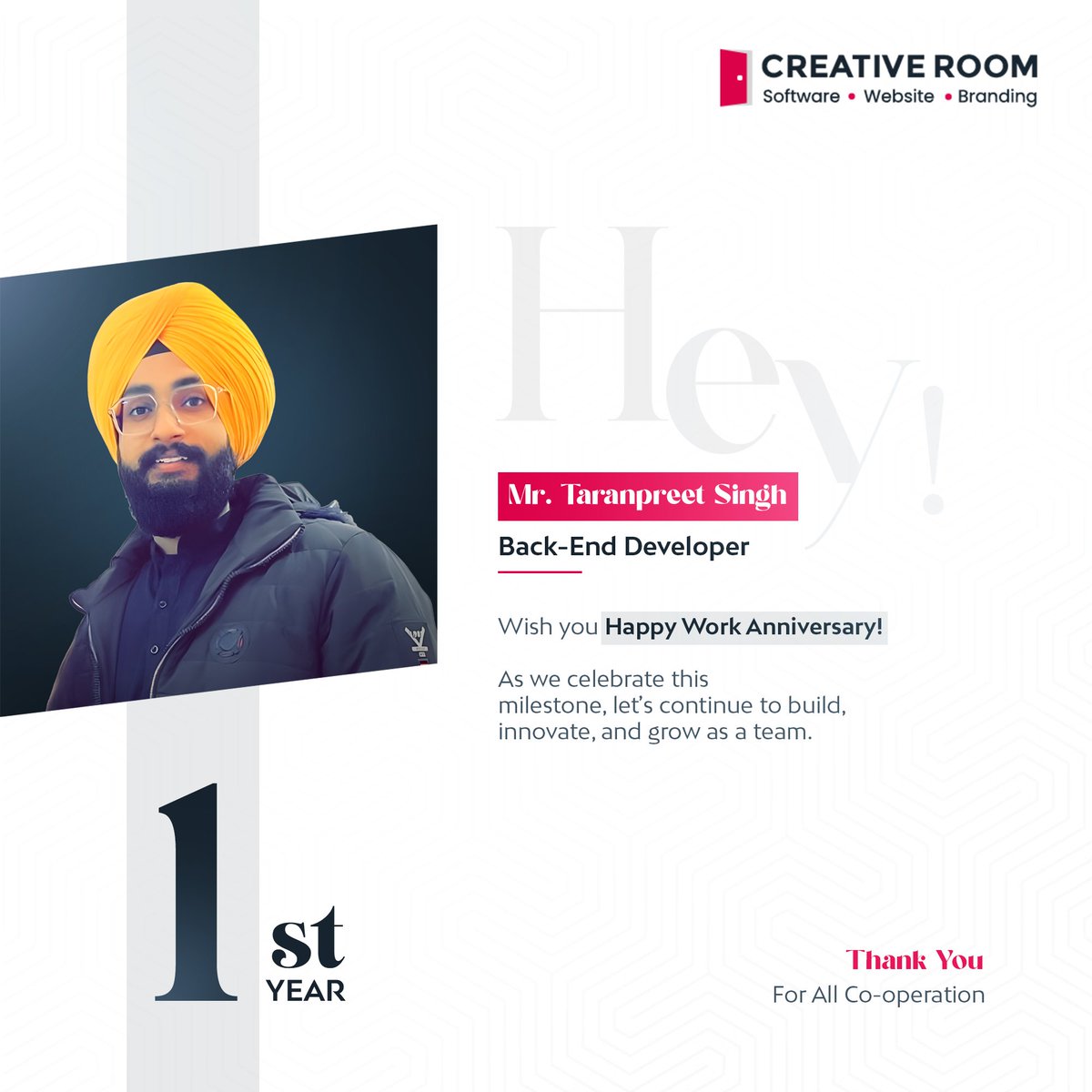 creativeroominc's tweet photo. Congratulations to Mr. Taranpreet Singh on completing his first year as a Back-End Developer at Creative Room Inc. Your hard work and commitment have been invaluable to our growth. 📷 #WorkAnniversary #CreativeRoomInc #TeamGrowth https://t.co/5bT9ZDpQWw