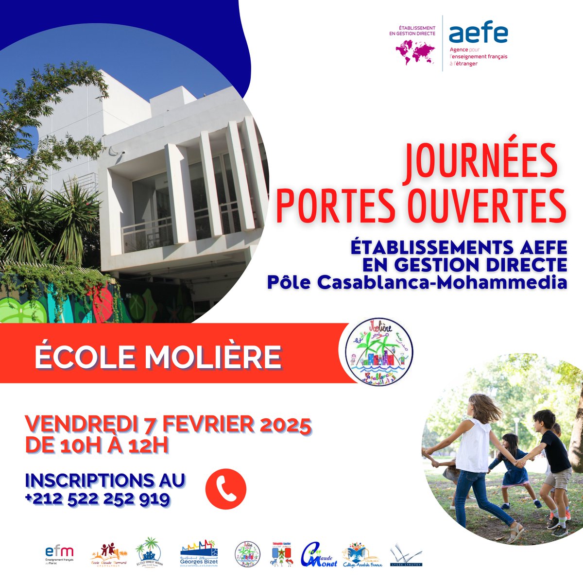 🚨 👥 DERNIERE JOURNÉE PORTE OUVERTE à Molière !

Dernier appel pour venir visiter nos établissements lors de cette JOURNÉE PORTES OUVERTES :

➡ ECOLE MOLIERE : Vendredi 7 février de 10h à 12h > 05 22 252 919

<a href="/aefeinfo/">AEFE</a> 

➡linkedin.com/feed/update/ur…