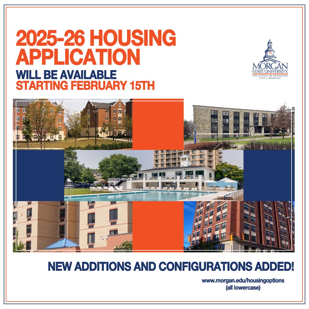 The Office of Residence Life & Housing (@msuorlh) on Twitter photo Get ready <a href="/MorganStateU/">Morgan State University</a> bears!
The 2025-2026 housing application will be available on February 15th!
Please direct all questions to reslife@morgan.edu. Get ready <a href="/MorganStateU/">Morgan State University</a> bears!
The 2025-2026 housing application will be available on February 15th!
Please direct all questions to reslife@morgan.edu.