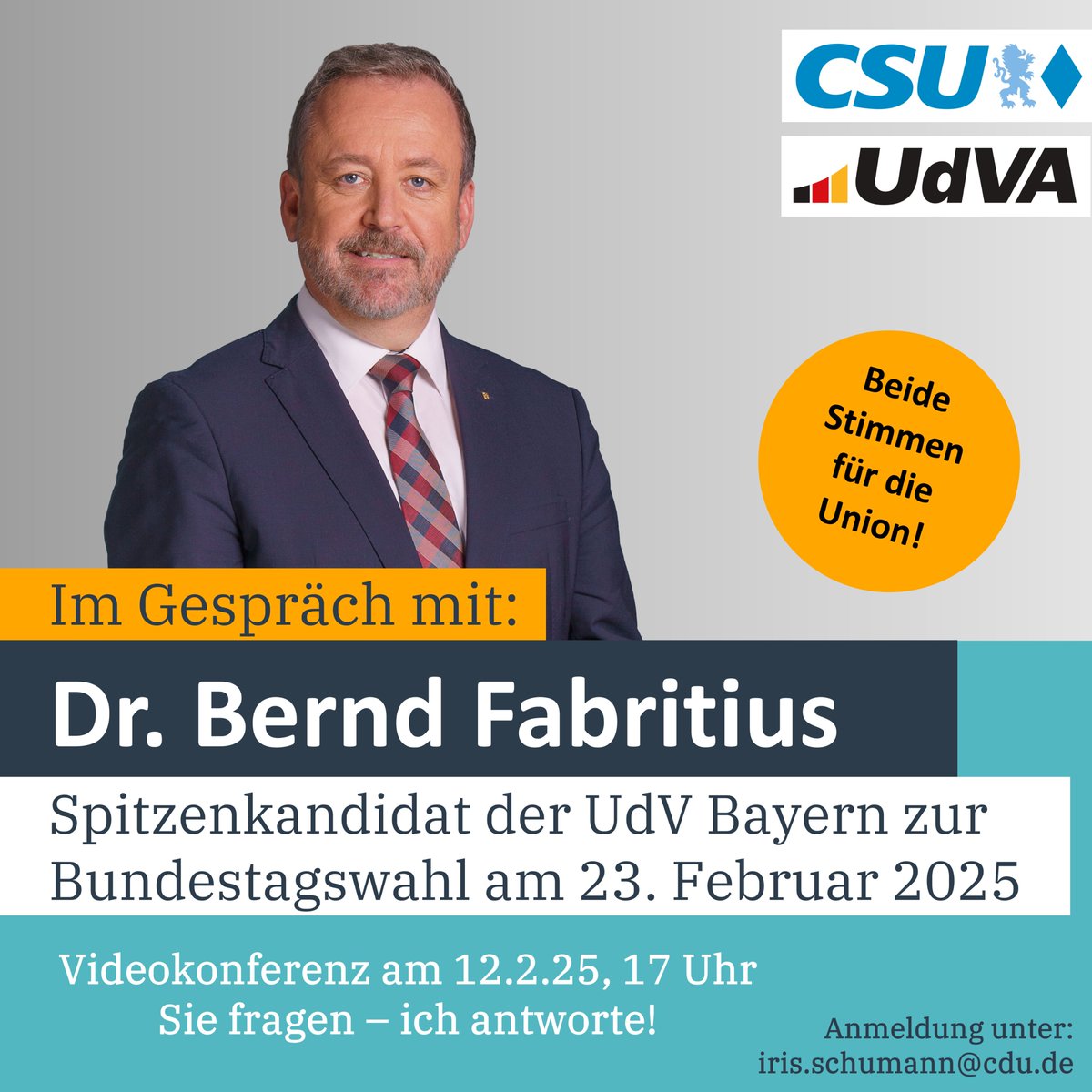 Anmelden, einschalten, Fragen stellen, mitdiskutieren!
Am 12. Februar lädt unser Netzwerk Deutsche aus Russland und Aussiedler zu einer Video-Schalte mit <a href="/BerndFabritius/">Bernd Fabritius</a> ein. #politikwechsel #wiedernachvorne
