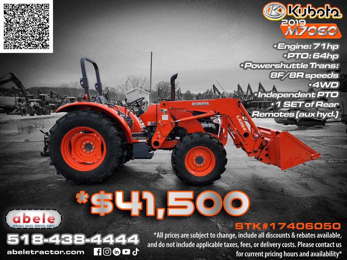 AbeleTractor's tweet image. 🌟 Machine of the Day! 🌟

2019 Kubota M7060HD Tractor Loader
71hp Kubota diesel 🔥
64hp PTO 💪
458 hours &amp;amp; 1 set rear remote attach

📞 Call/Text Trevor@ 518-438-4444

@KubotaUSA #KubotaM7060 #TractorTime #GetItDone