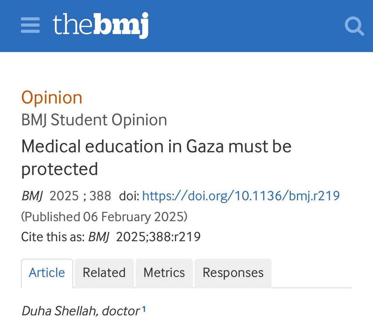 Duha Shellah (@duhashellah) on Twitter photo Honored to share my article published <a href="/BMJStudent/">BMJ Student</a> : "Medical Education in Gaza Must Be Protected".
Even after the ceasefire, the destruction of Gaza’s medical schools and hospitals threatens the future of healthcare. One academic year is lost, and the shortage of healthcare Honored to share my article published <a href="/BMJStudent/">BMJ Student</a> : "Medical Education in Gaza Must Be Protected".
Even after the ceasefire, the destruction of Gaza’s medical schools and hospitals threatens the future of healthcare. One academic year is lost, and the shortage of healthcare