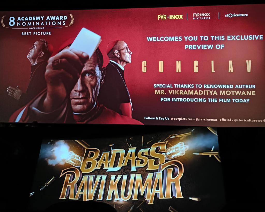 Russel_Olaf's tweet photo. Back-to-back #movie screenings
ππΌ 8- #Oscar nominee #Conclave
ππΌ #HimeshReshammiya's #BadassRaviKumar
#ConclaveReview and #BadassRaviKumarReview coming soon...
#BollywoodMovies #HollywoodMovies https://t.co/APwJ0GpOxY