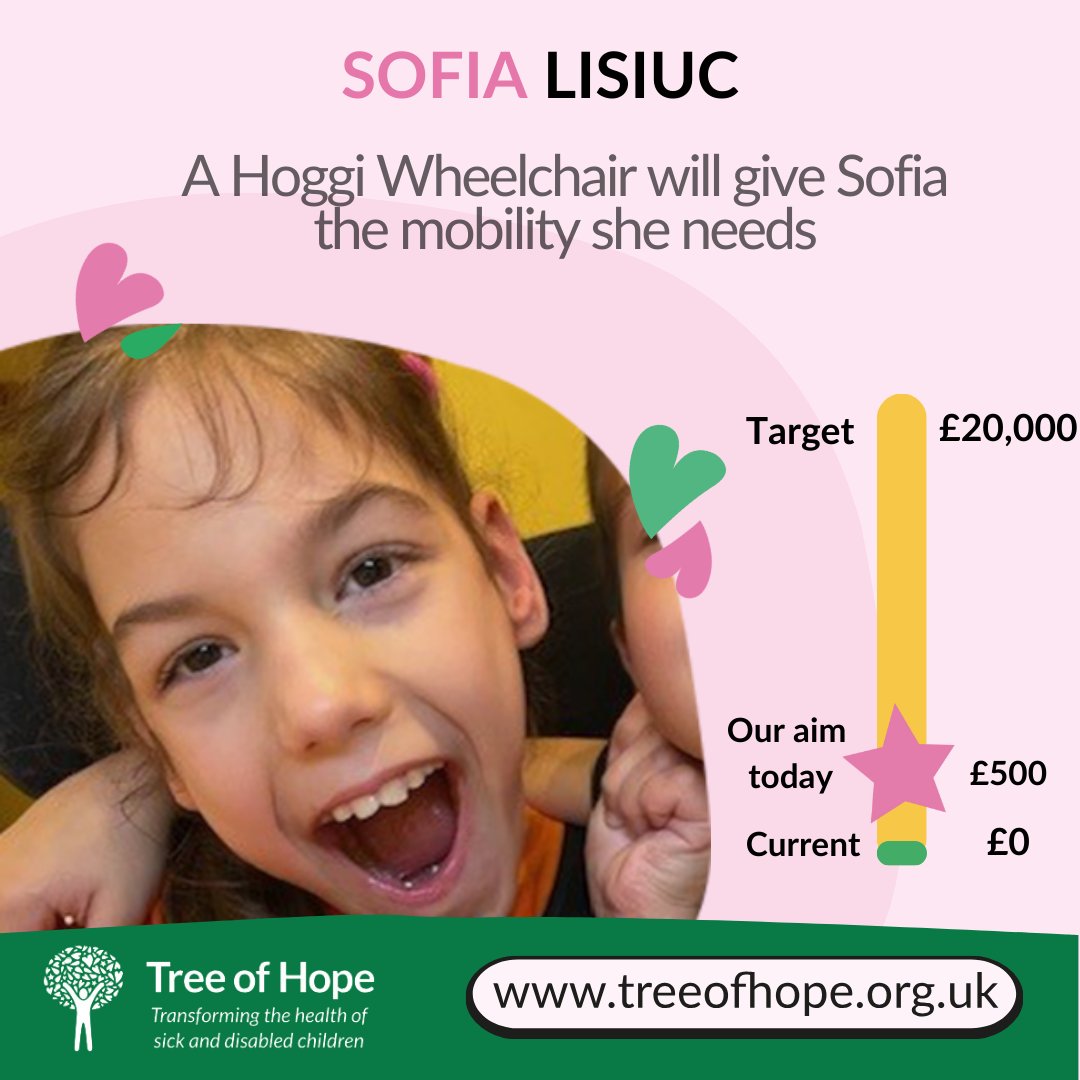 𝐒𝐨𝐟𝐢𝐚 𝐋𝐢𝐬𝐢𝐮𝐜

8 year old, Sofia has been diagnosed with severe #cerebralpalsy, epilepsy, and developmental delays, she faces daily struggles with movement and independence.

Her dream? To walk on her own. 

treeofhope.org.uk/ways-to-give/c…